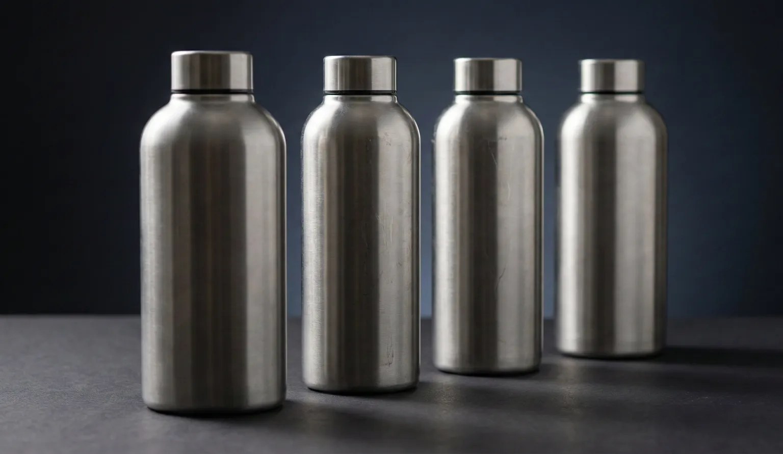 Edelstahlflaschen auf dunklem Hintergrund für Serienproduktion