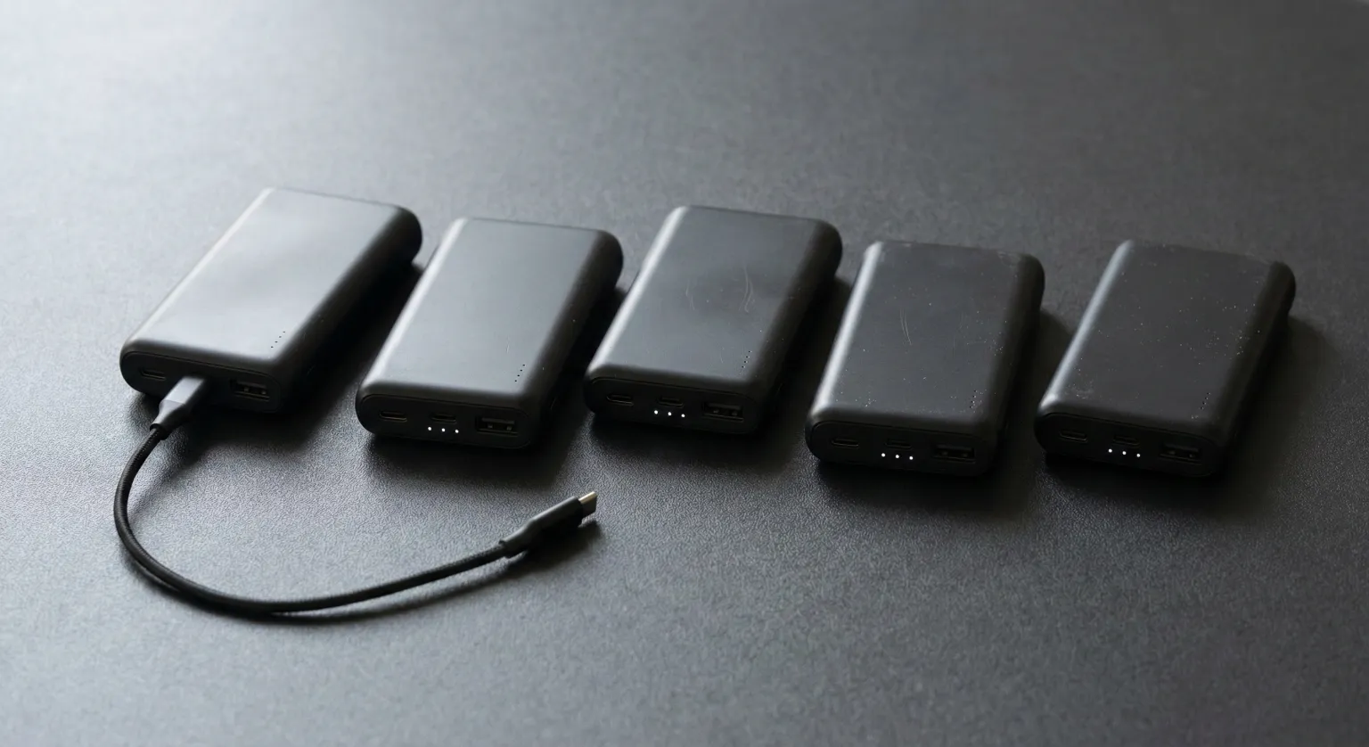 Powerbanks auf dunklem Hintergrund für Werbeartikelproduktion